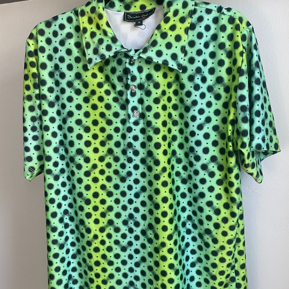 Dorothy Zudora Neon Green Wild Polka Dot Stretch Golf Polo Shirt Size M